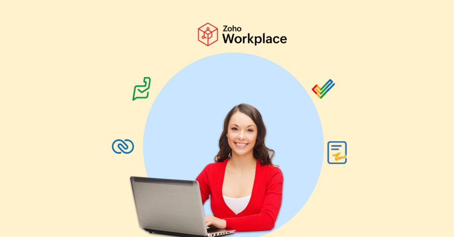 Mujer sonriente usando una laptop con iconos de colaboración y productividad de Zoho Workplace sobre fondo claro.