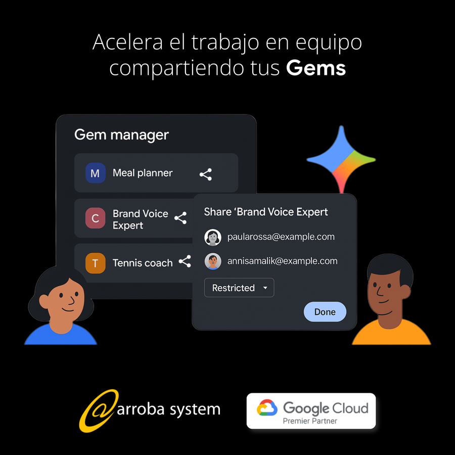 Pantallas del gestor de Gems con opciones para compartir tareas colaborativas entre usuarios en un entorno oscuro y moderno.