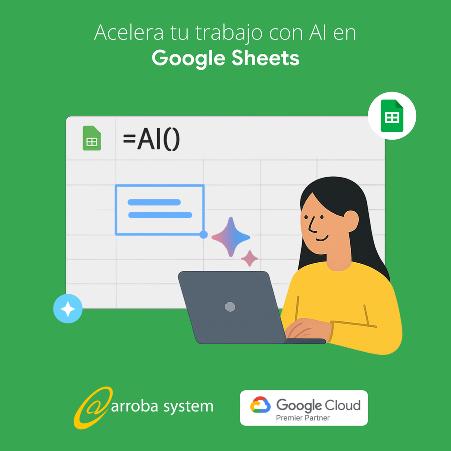 Ilustración de mujer usando laptop con fórmula AI en Google Sheets sobre fondo verde.