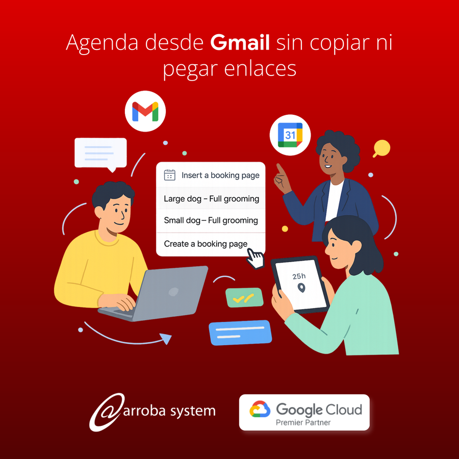 Tres personas usando Gmail para insertar páginas de reserva desde laptop y tablet sin copiar enlaces manualmente.