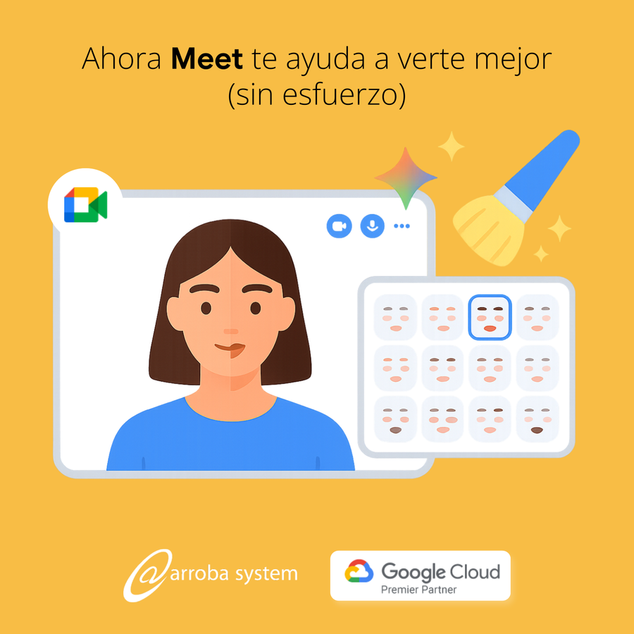 Vista previa de videollamada en Google Meet con panel de efectos faciales y herramienta de retoque visual activada.