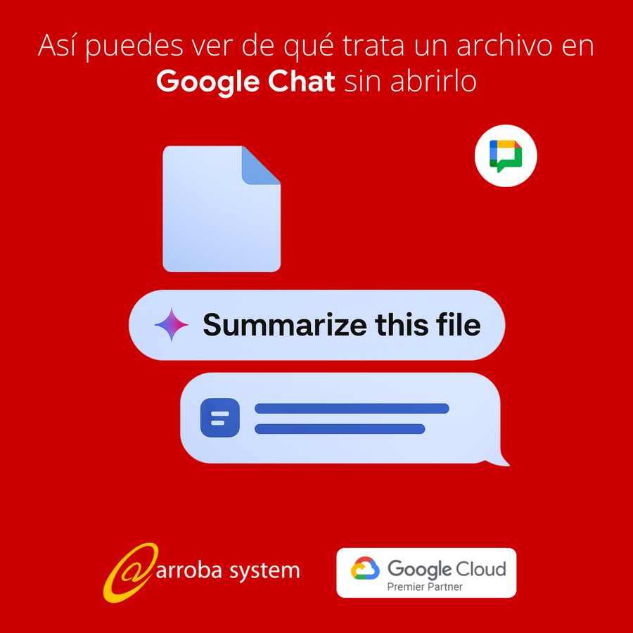 Ilustración sobre función de resumen automático de archivos en Google Chat con interfaz minimalista sobre fondo rojo intenso.
