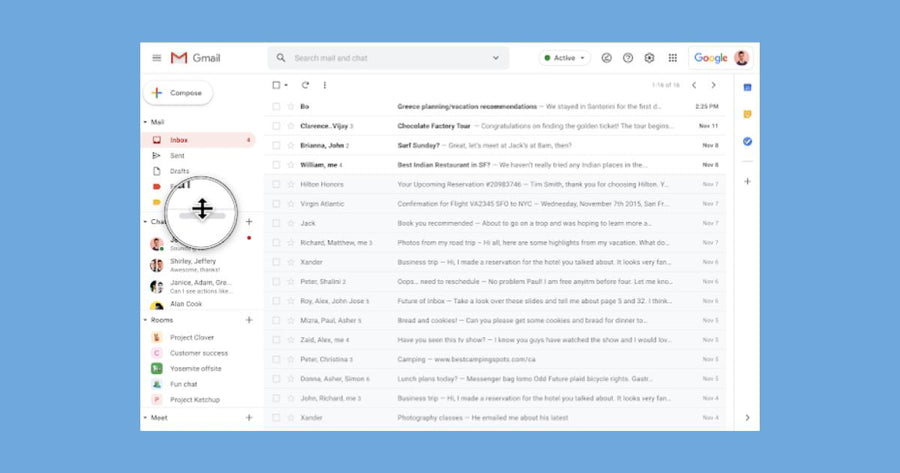 Cambia el tamaño de las secciones Chat y Salas de Gmail en la Web