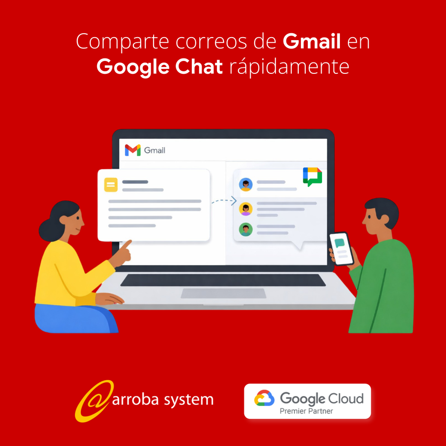 Ilustración de correo compartido desde Gmail hacia chat grupal en portátil y móvil sobre fondo rojo.