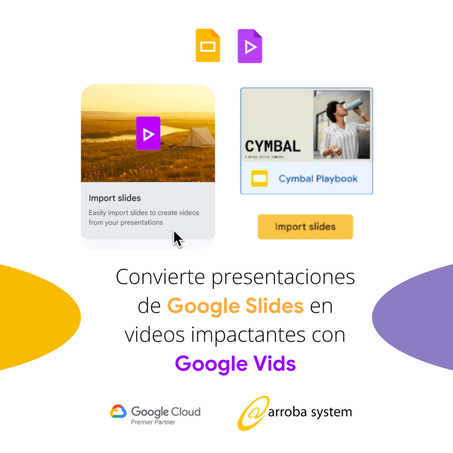 Pantalla de Google Vids mostrando opción de importar diapositivas de Google Slides para crear videos.