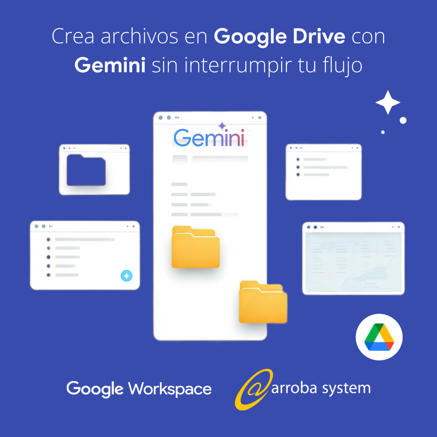 Ilustración de carpetas y ventanas emergentes en Google Drive integradas con Gemini sobre fondo azul y estilo minimalista.