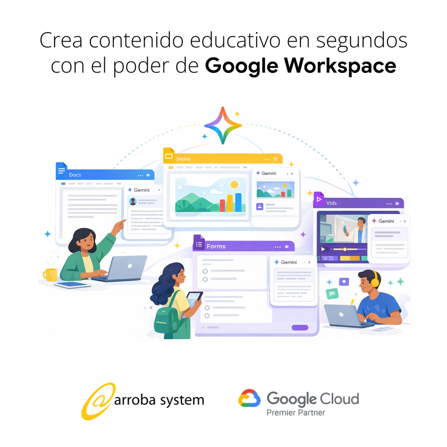 Personas crean contenido educativo en documentos, presentaciones y videos mientras colaboran con herramientas digitales en entorno dinámico