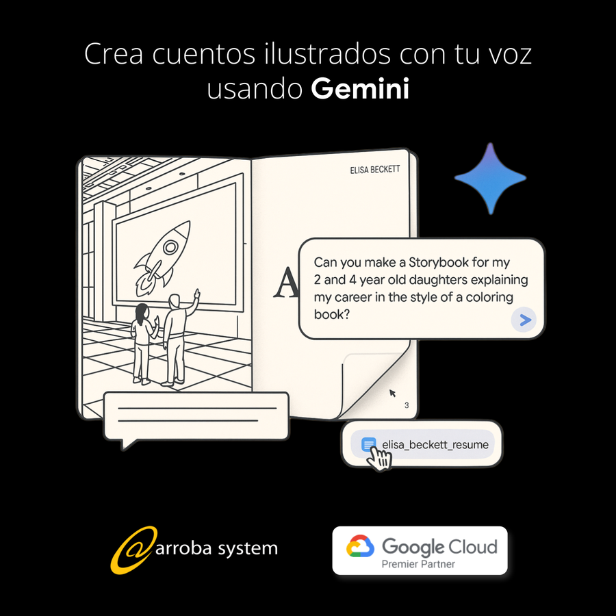 Libro abierto con ilustraciones infantiles en blanco y negro y burbujas de texto creadas con voz usando inteligencia artificial.