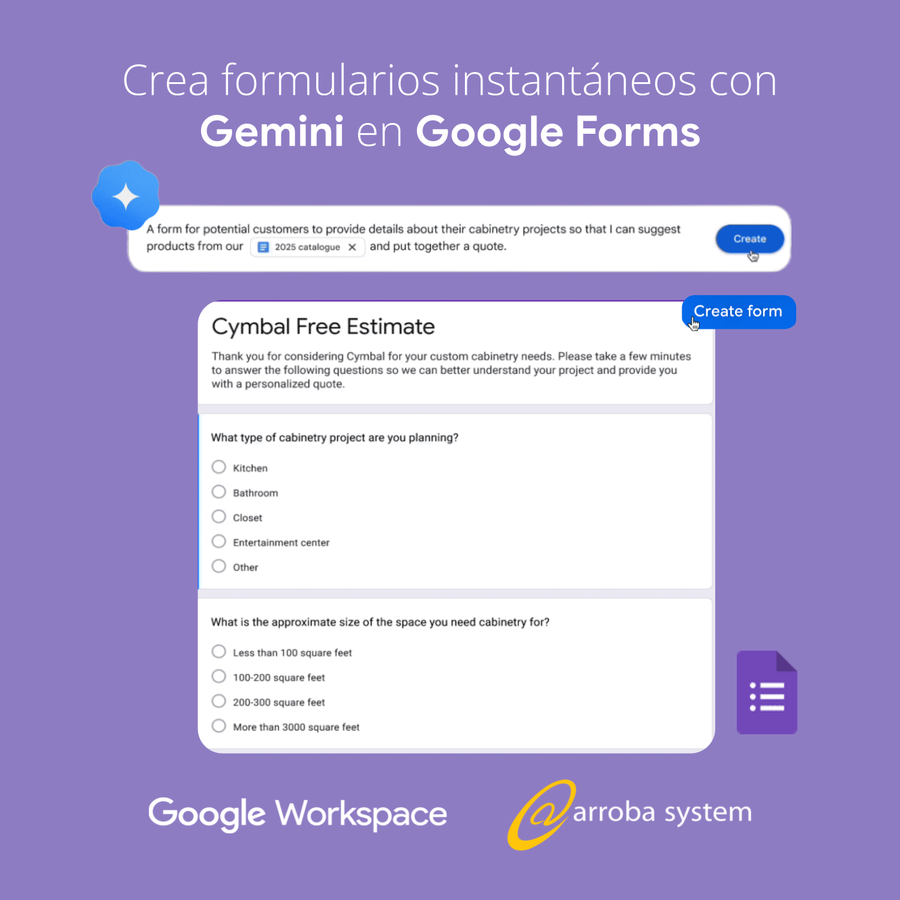 Interfaz de Google Forms mostrando preguntas de un formulario generado automáticamente con Gemini sobre proyectos de carpintería.