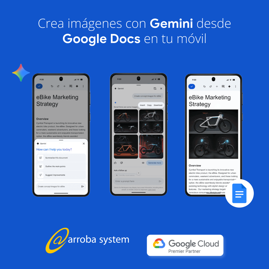 Tres smartphones mostrando Google Docs con Gemini creando imágenes de bicicletas conceptuales desde un documento.