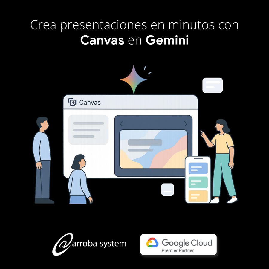 Personas colaborando frente a interfaz de Canvas en Gemini para crear presentaciones digitales con textos e imágenes.