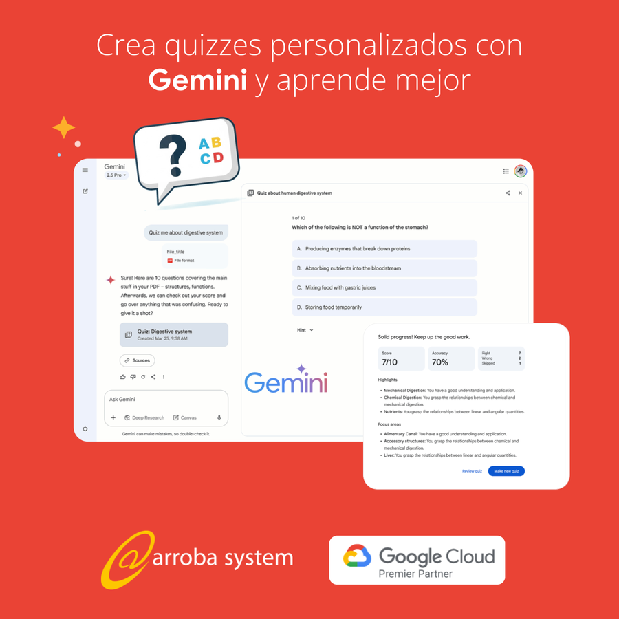 Interfaz de Gemini generando quiz sobre sistema digestivo con resultados y análisis personalizados en pantalla.