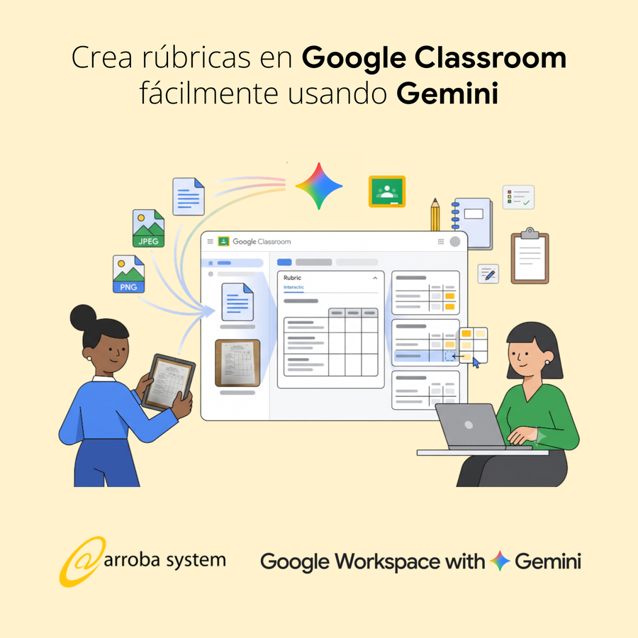 Ilustración de docentes creando rúbricas de evaluación con documentos, criterios y tablas mediante asistencia inteligente.