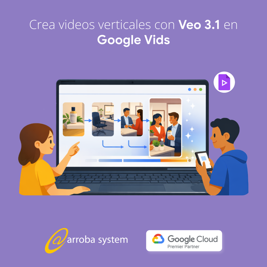 Ilustración de dos personas creando contenido en portátil con editor de video vertical y escenas encadenadas en pantalla púrpura