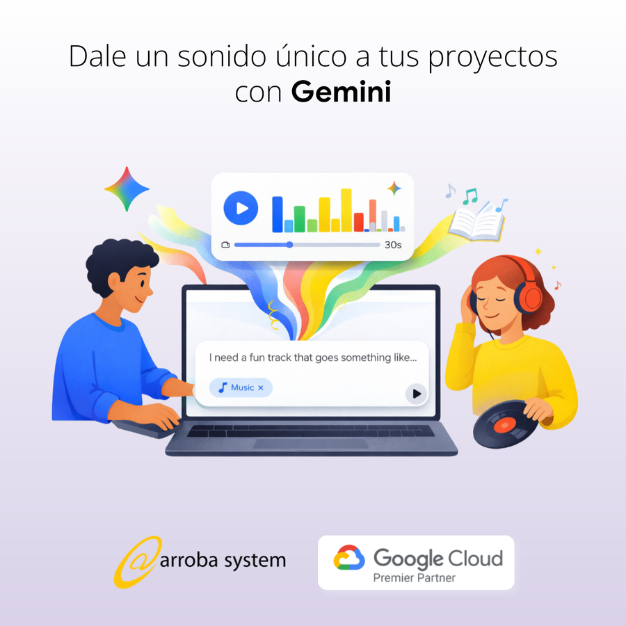 Dos personas crean música en portátil con interfaz de audio y ondas de colores mientras escuchan con auriculares y vinilo