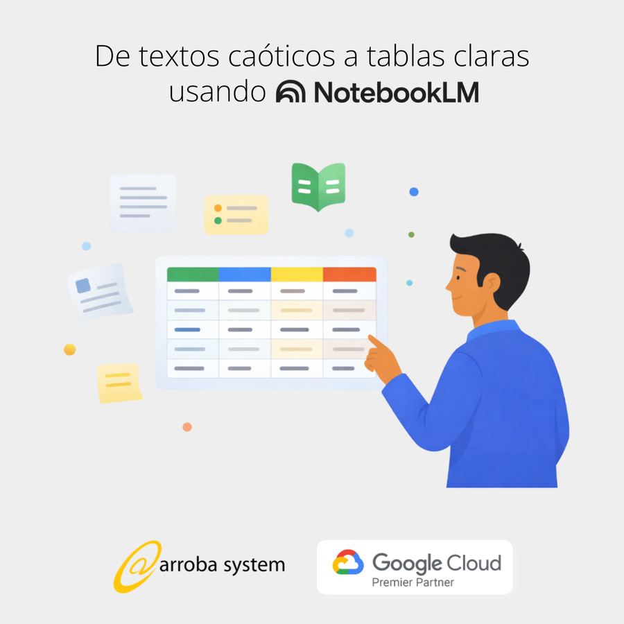 Ilustración de profesional organizando información en tabla digital con notas dispersas transformadas en estructura clara.