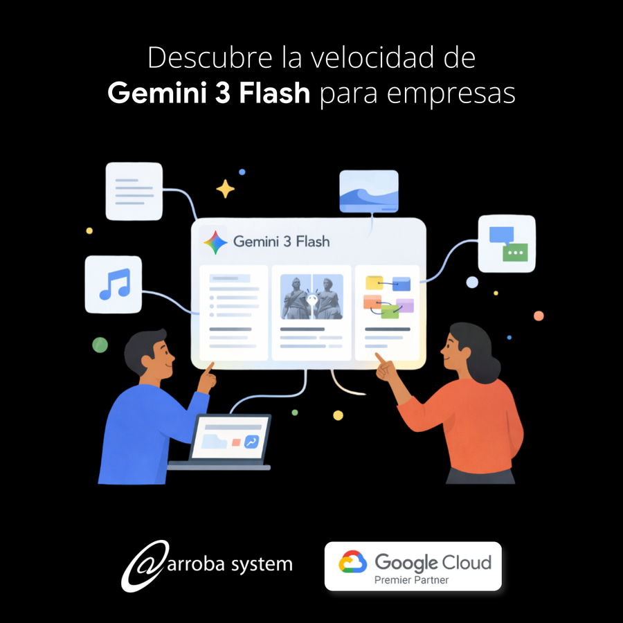Ilustración de dos profesionales interactuando con panel de inteligencia artificial y herramientas digitales sobre fondo oscuro.