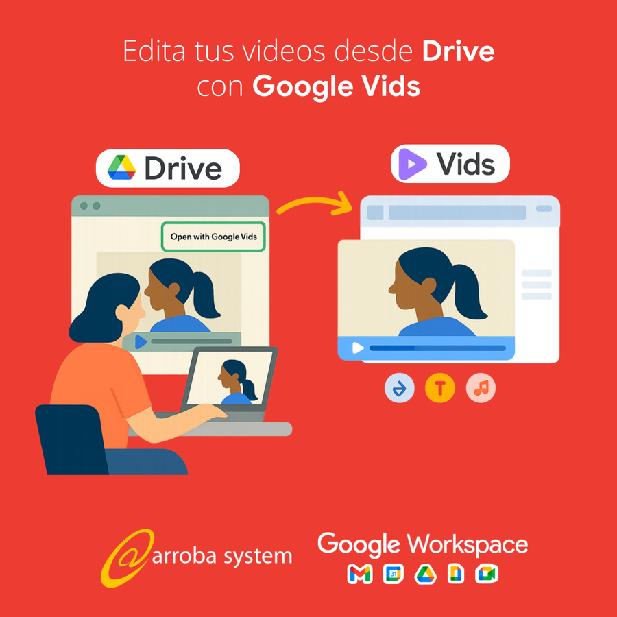 Persona editando un video desde Google Drive con herramienta de Google Vids en entorno de escritorio sobre fondo rojo.