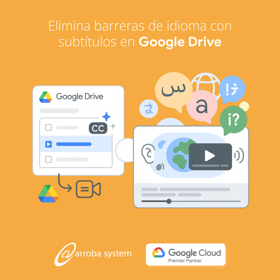 Ilustración de interfaz con subtítulos activados en video, globos multilingües y reproducción sobre fondo naranja.