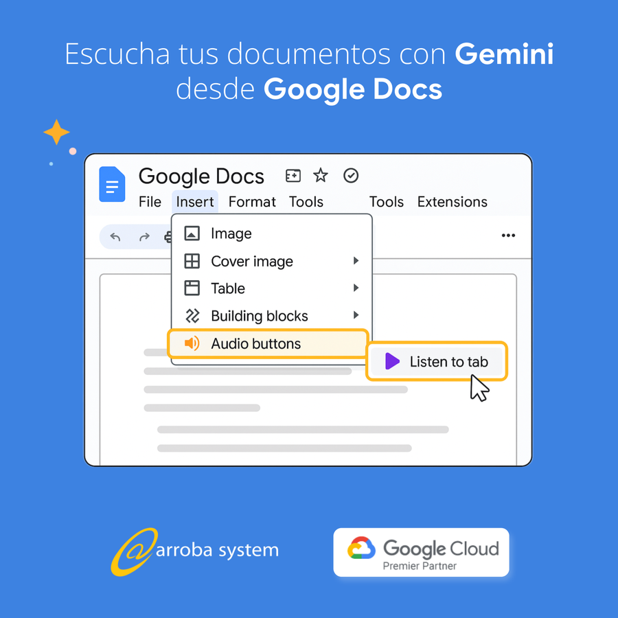 Interfaz de Google Docs mostrando menú desplegable con opción de insertar botón de audio para escuchar documentos.