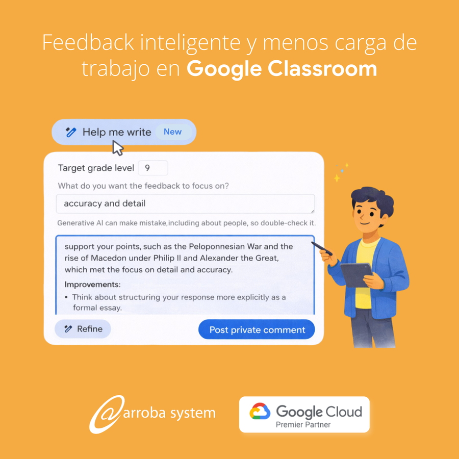 Interfaz educativa muestra sugerencias de feedback automático mientras profesor revisa trabajo en tableta en entorno digital moderno