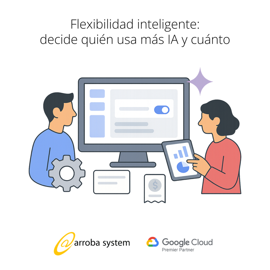 Dos personas gestionando desde computadora y tablet el uso personalizado de inteligencia artificial mediante panel de control.