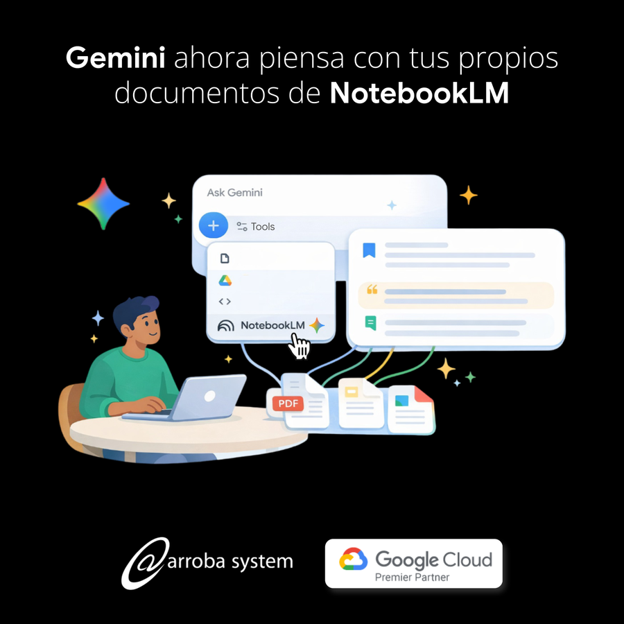 Ilustración de persona usando portátil mientras interfaz conecta documentos y archivos para análisis inteligente en entorno digital oscuro.