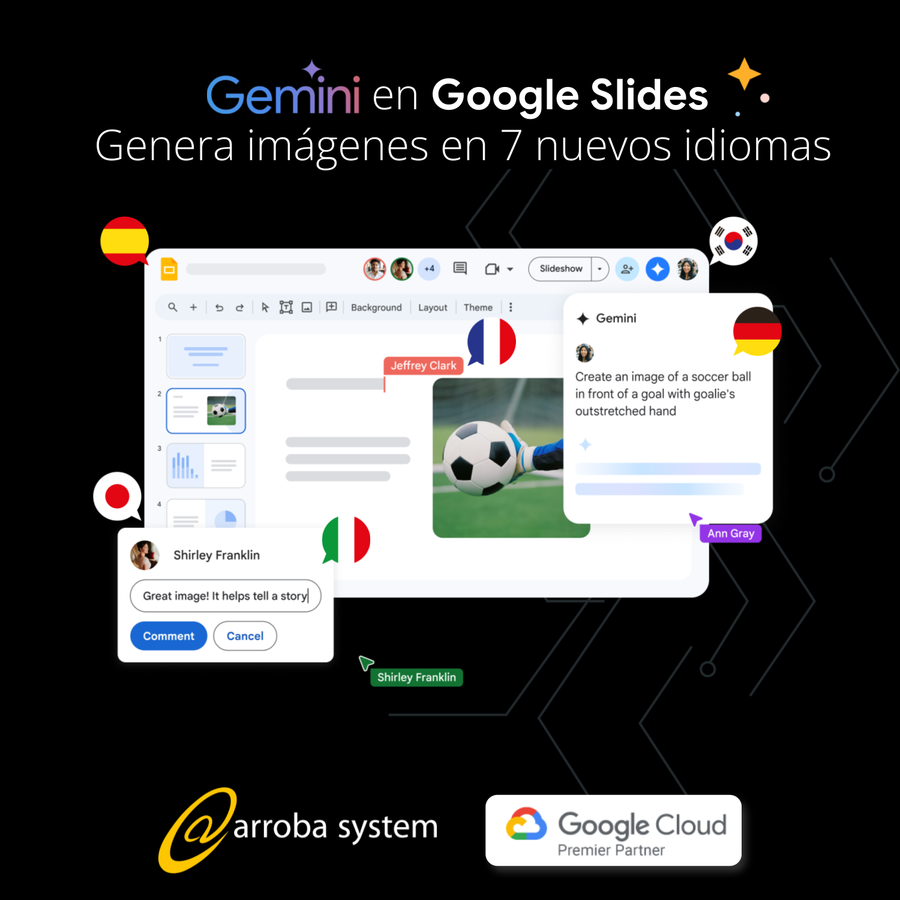 Interfaz de Google Slides con integración de Gemini generando imágenes multilingües y banderas de siete países visibles.