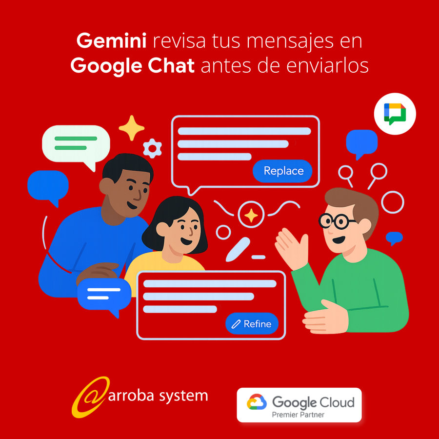 Tres personas interactuando con mensajes en Google Chat mientras Gemini sugiere mejoras como reemplazar o refinar texto.