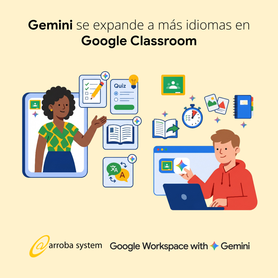 Profesor y estudiante usan Gemini en Google Classroom para crear actividades, traducir contenidos y facilitar el aprendizaje multilingüe.