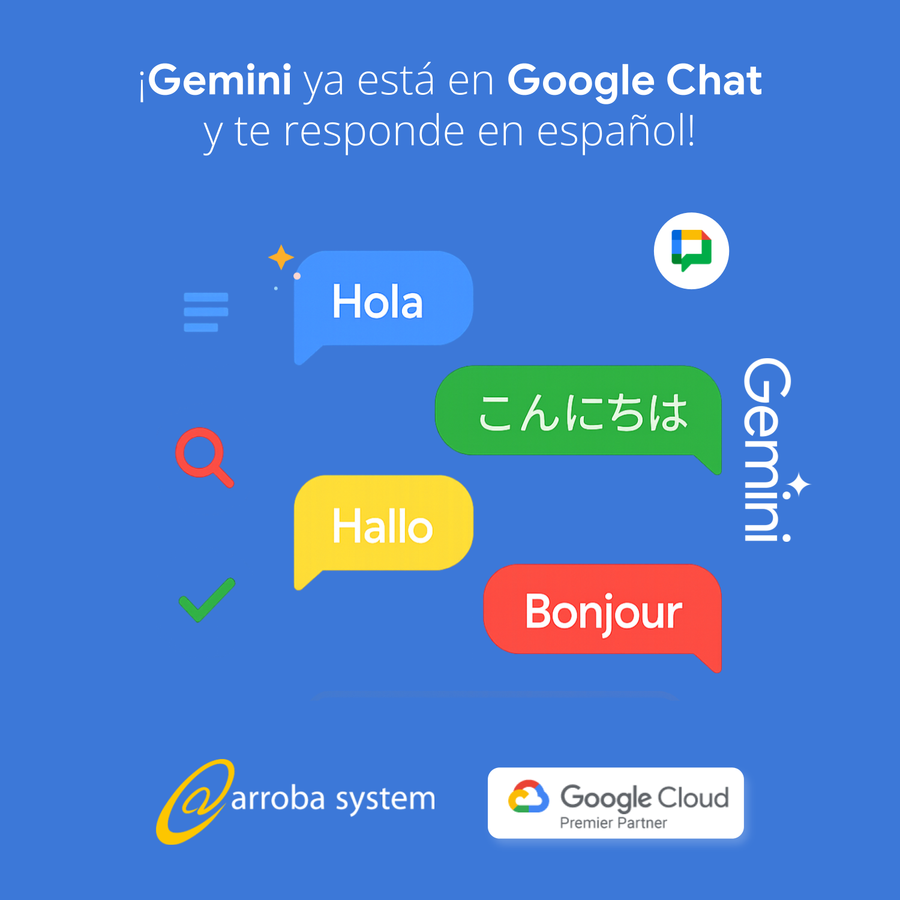 Ilustración de burbujas de chat en varios idiomas con íconos de búsqueda y verificación sobre fondo azul con estilo de Google Chat.