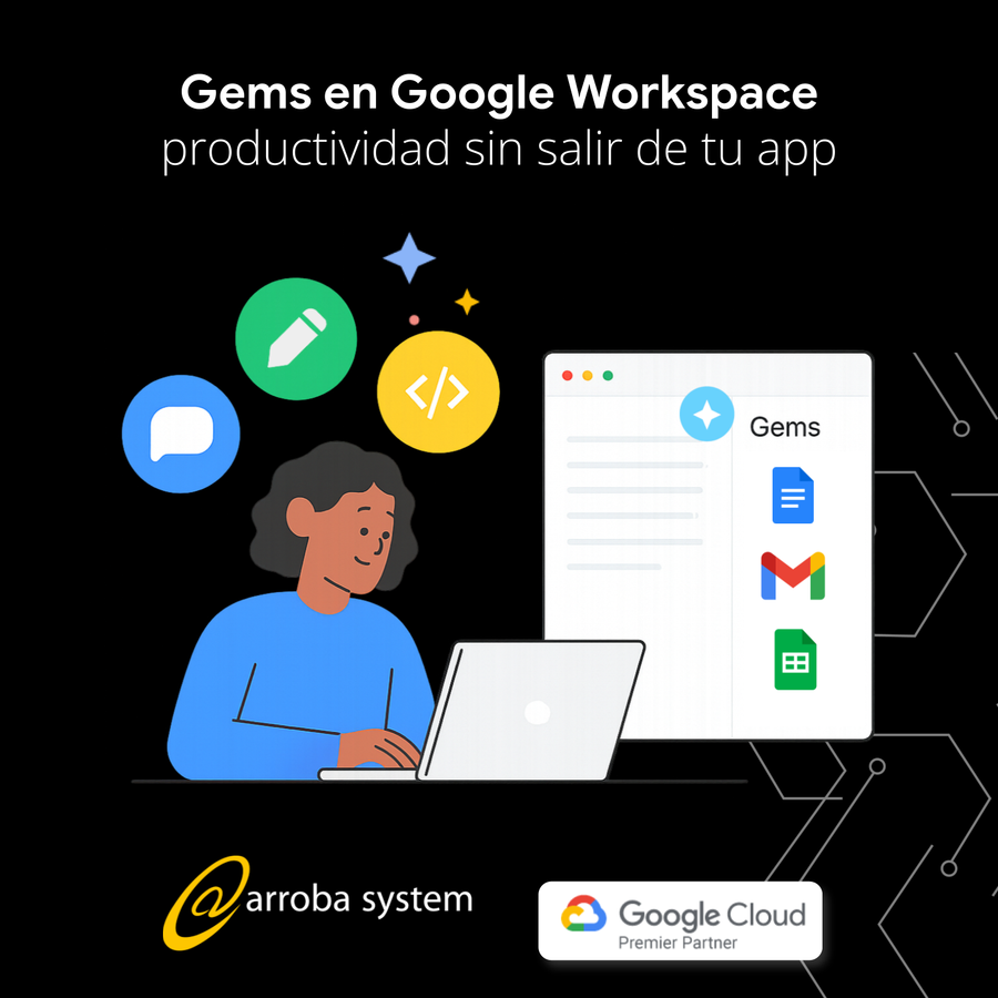 Persona usando portátil frente a pantalla con íconos de Google Workspace y funciones integradas de productividad.