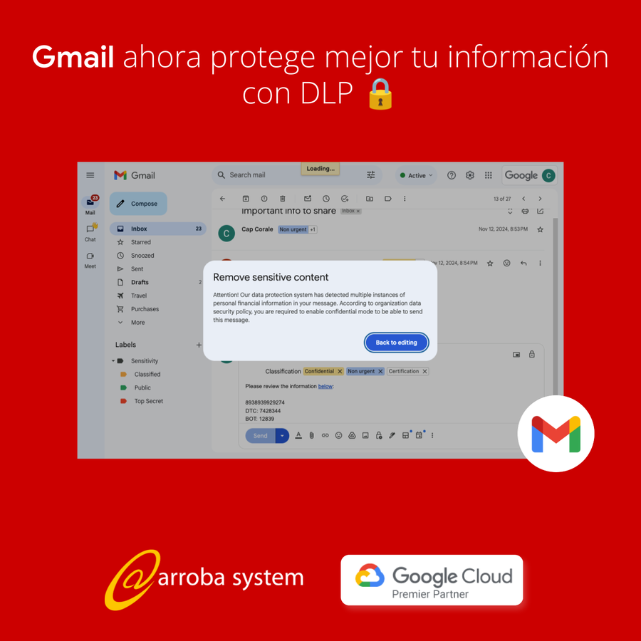 Interfaz de Gmail mostrando alerta de protección de datos DLP para evitar envío de información sensible, destacando seguridad y privacidad.