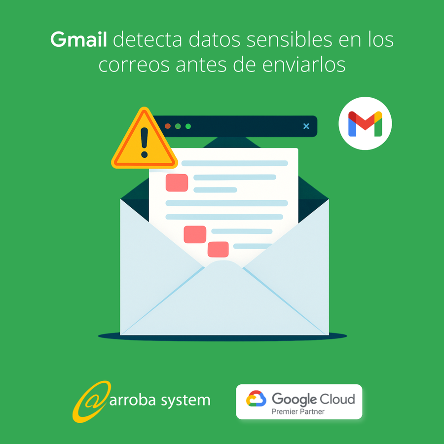 Ilustración de sobre abierto con advertencia de seguridad representando detección de datos sensibles en Gmail sobre fondo verde.