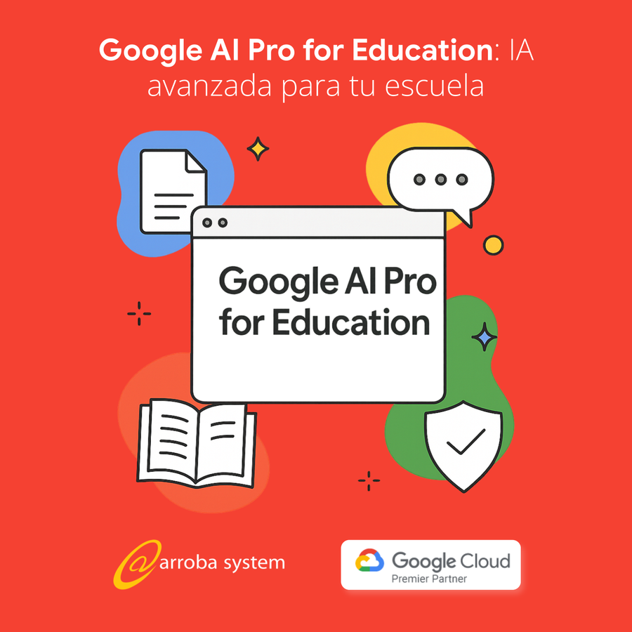 Plataforma educativa con interfaz digital, íconos de seguridad, libro abierto y mensaje sobre IA para escuelas.