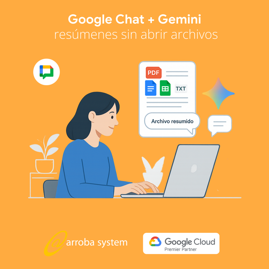 Ilustración de mujer usando laptop mientras Gemini en Google Chat resume archivos PDF y documentos.