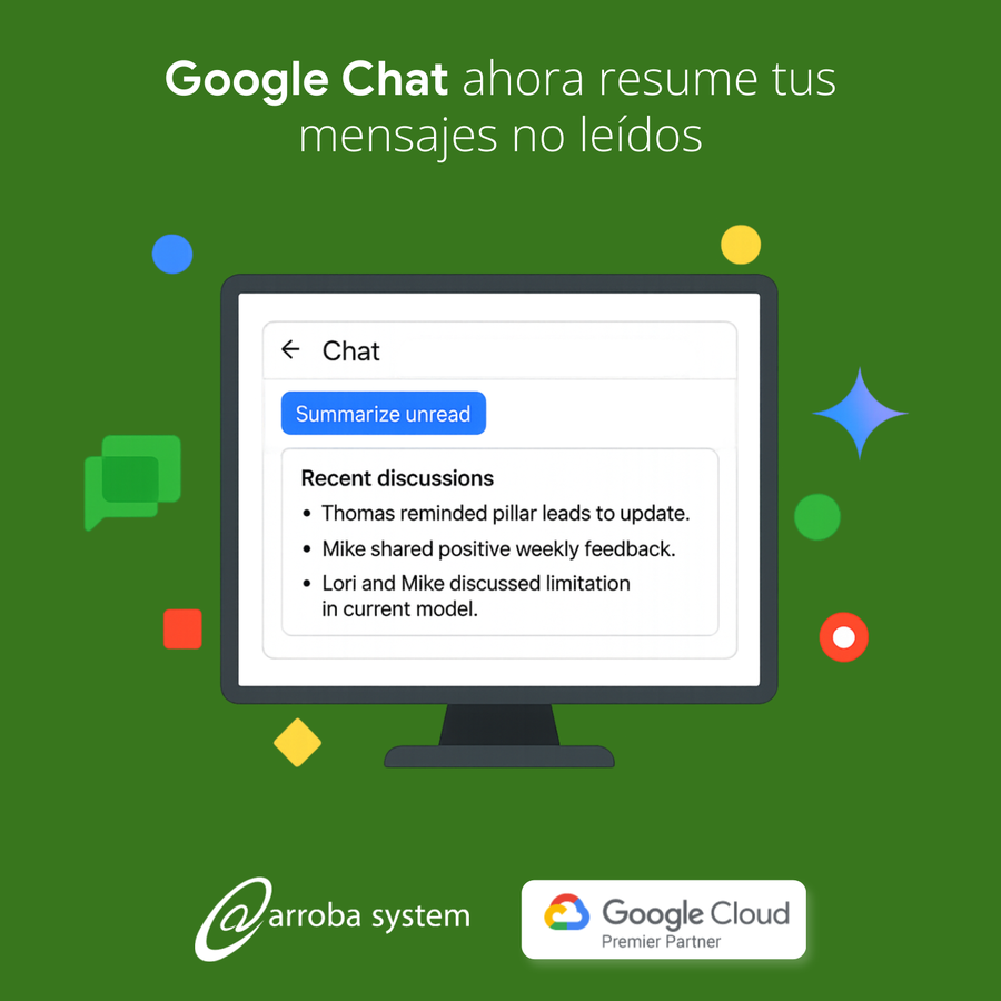 Pantalla de ordenador con Google Chat mostrando resumen automático de mensajes no leídos y conversaciones recientes.