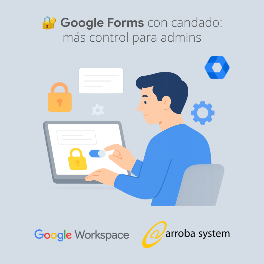 Ilustración de persona activando opción de seguridad en Google Forms con íconos de candado y ajustes.