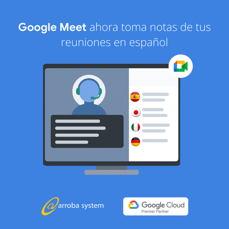 Ilustración de pantalla con asistente virtual en videollamada de Google Meet tomando notas en español, fondo azul y banderas.