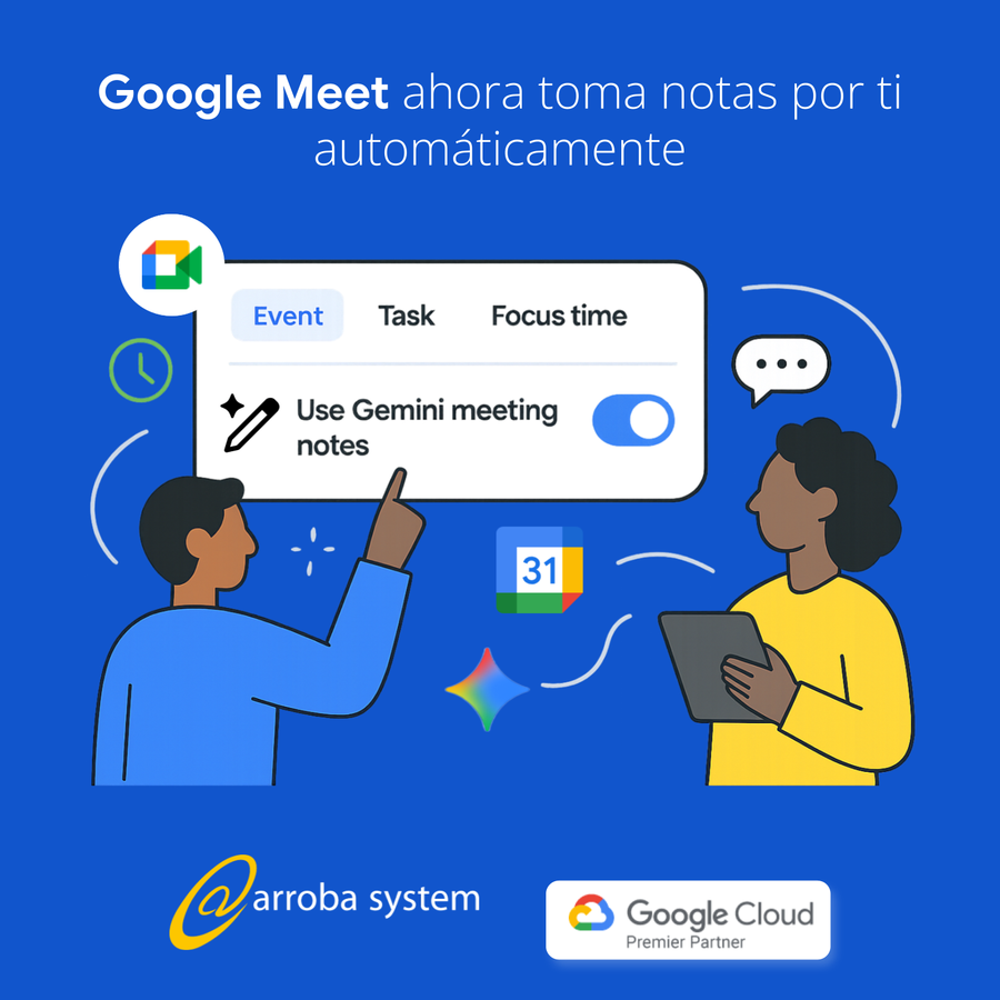 Dos personas frente a panel de Google Calendar activando función de Gemini para tomar notas automáticas en reuniones Meet.
