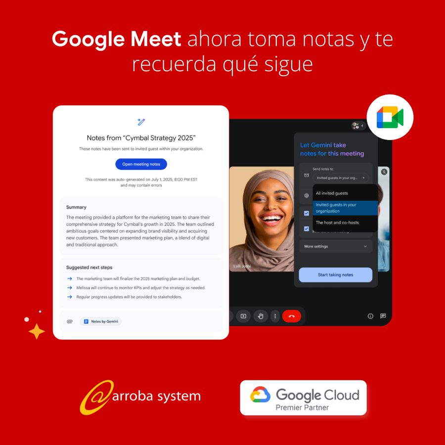 Interfaz de videollamada en Google Meet con función de notas automáticas y resumen de acciones sugeridas.