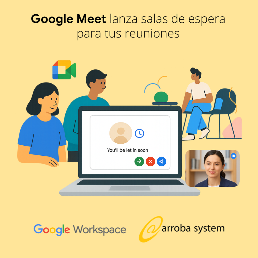 Personas esperando frente a una laptop con pantalla de sala de espera activa en Google Meet antes de una reunión virtual.