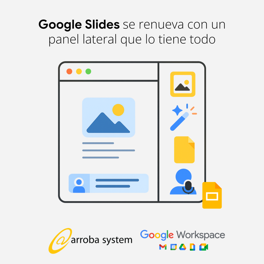 Interfaz de Google Slides con diseño de presentación e íconos de edición en un panel lateral ilustrado sobre fondo claro.