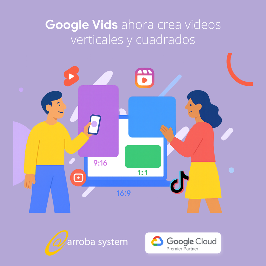 Dos personas editando videos en formato vertical y cuadrado en Google Vids con íconos de redes sociales visibles.