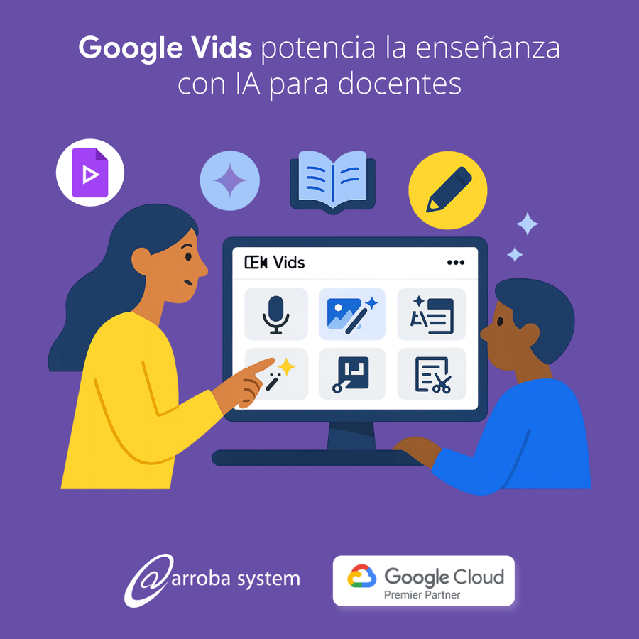 Docente y estudiante interactuando con pantalla que muestra herramientas de creación de contenido educativo con IA.