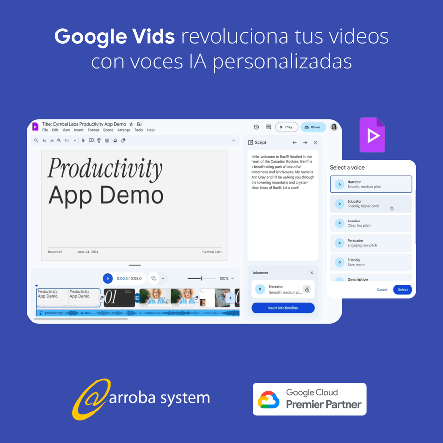 Interfaz de Google Vids mostrando editor de video, selección de voces de IA y funciones de personalización sobre fondo azul.