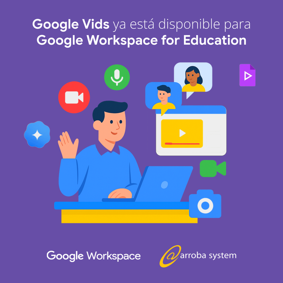 Persona frente a laptop rodeada de íconos de video, grabación y chats representando Google Vids para educación.