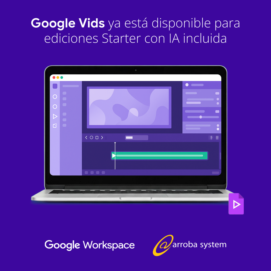 Laptop con interfaz de edición de video en tonos púrpura, mostrando pista de audio y panel de herramientas con estilo moderno.