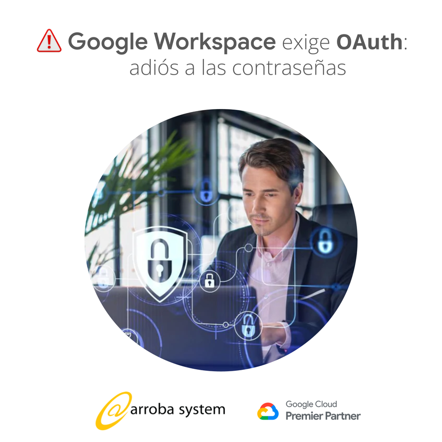 Hombre usando laptop con gráficos de ciberseguridad y candados digitales, representando autenticación sin contraseñas en Google Workspace.