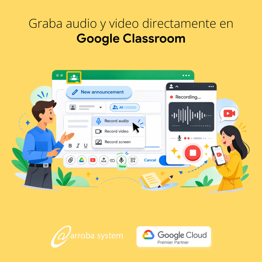 Interfaz educativa mostrando grabación de audio y video con opciones activas mientras usuarios interactúan y crean contenido desde dispositivos en entorno digital.